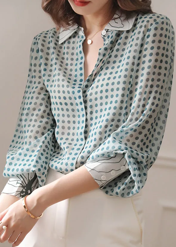 Blue Button Print Chiffon Shirt Peter Pan Collar Long Sleeve AS1098