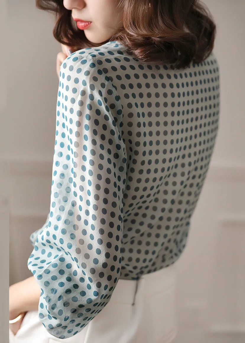 Blue Button Print Chiffon Shirt Peter Pan Collar Long Sleeve AS1098