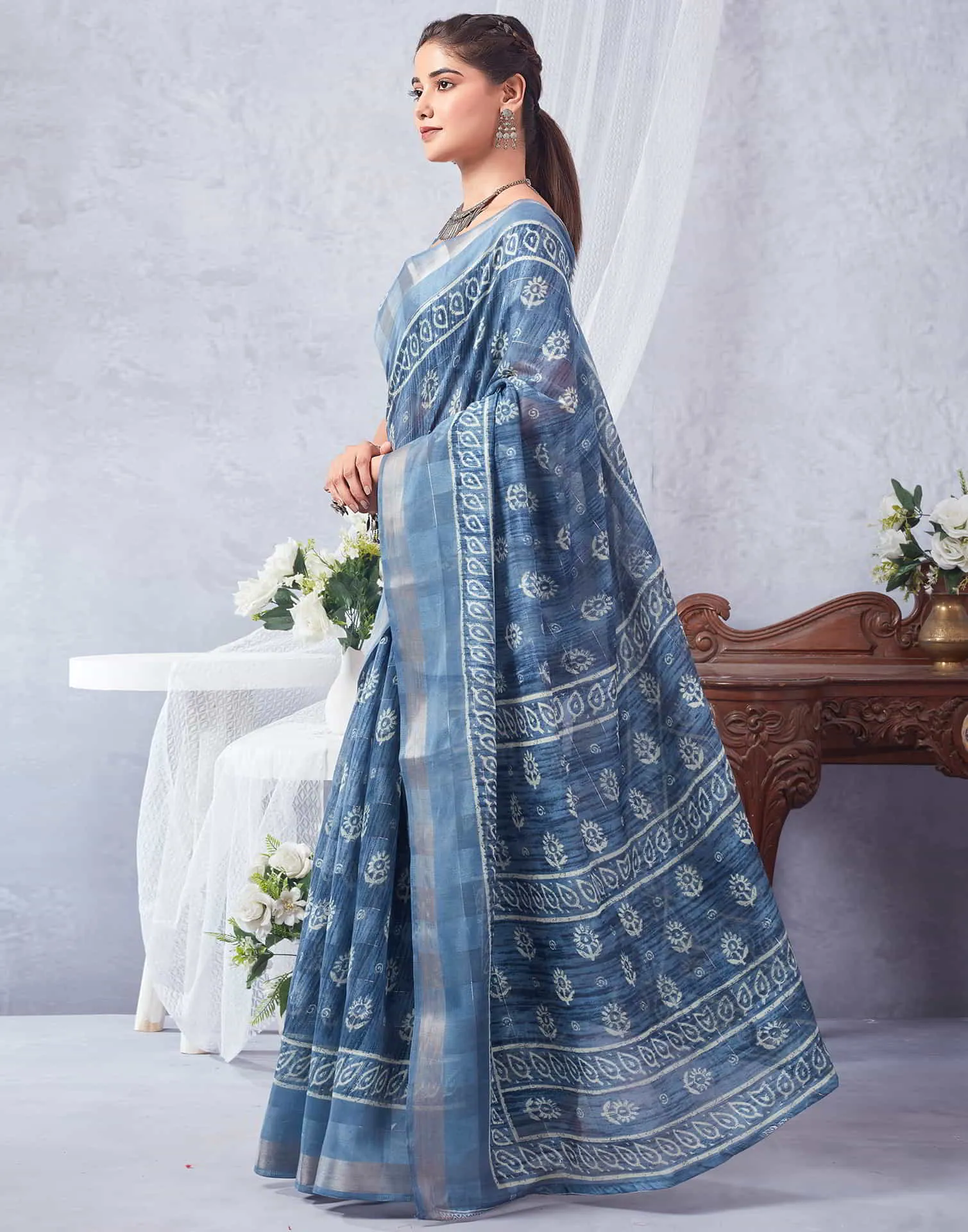 Blue Printed Cotton Saree