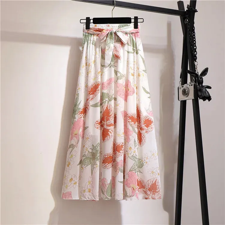 Bohemian Chiffon Half skirt Mid Length High Waist Floral Flare