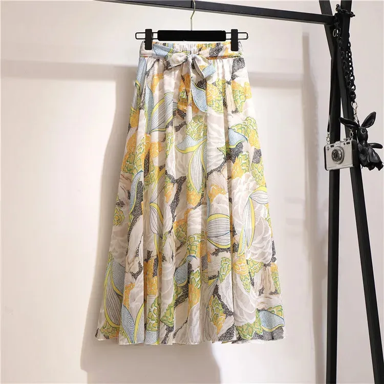 Bohemian Chiffon Half skirt Mid Length High Waist Floral Flare