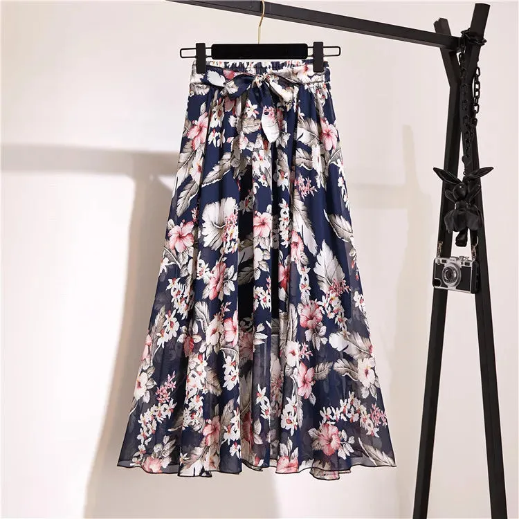 Bohemian Chiffon Half skirt Mid Length High Waist Floral Flare