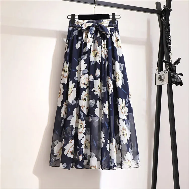 Bohemian Chiffon Half skirt Mid Length High Waist Floral Flare