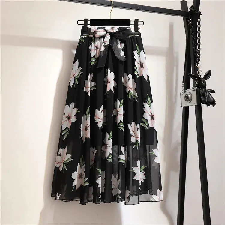 Bohemian Chiffon Half skirt Mid Length High Waist Floral Flare