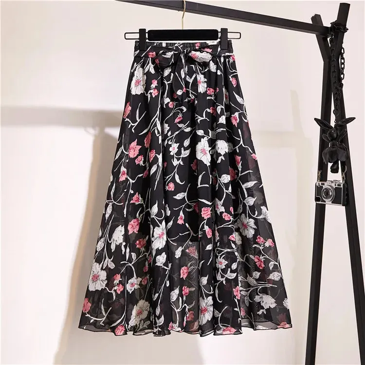 Bohemian Chiffon Half skirt Mid Length High Waist Floral Flare