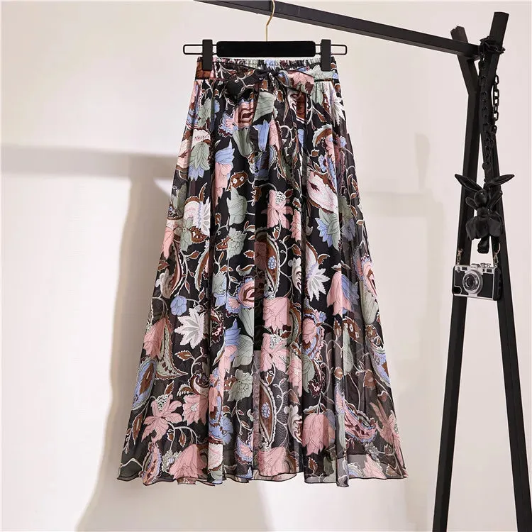 Bohemian Chiffon Half skirt Mid Length High Waist Floral Flare