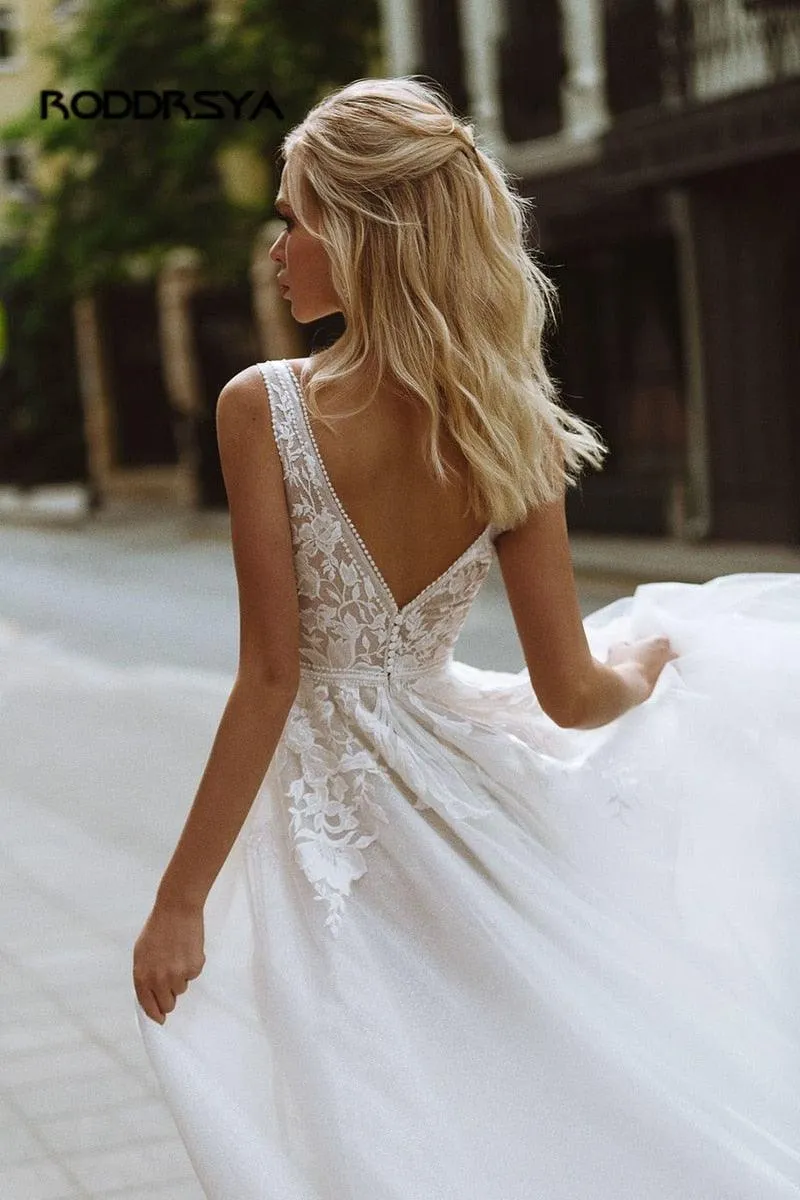 Boho Wedding Dress V-Neck Appliques Lace A-Line Bride Gown