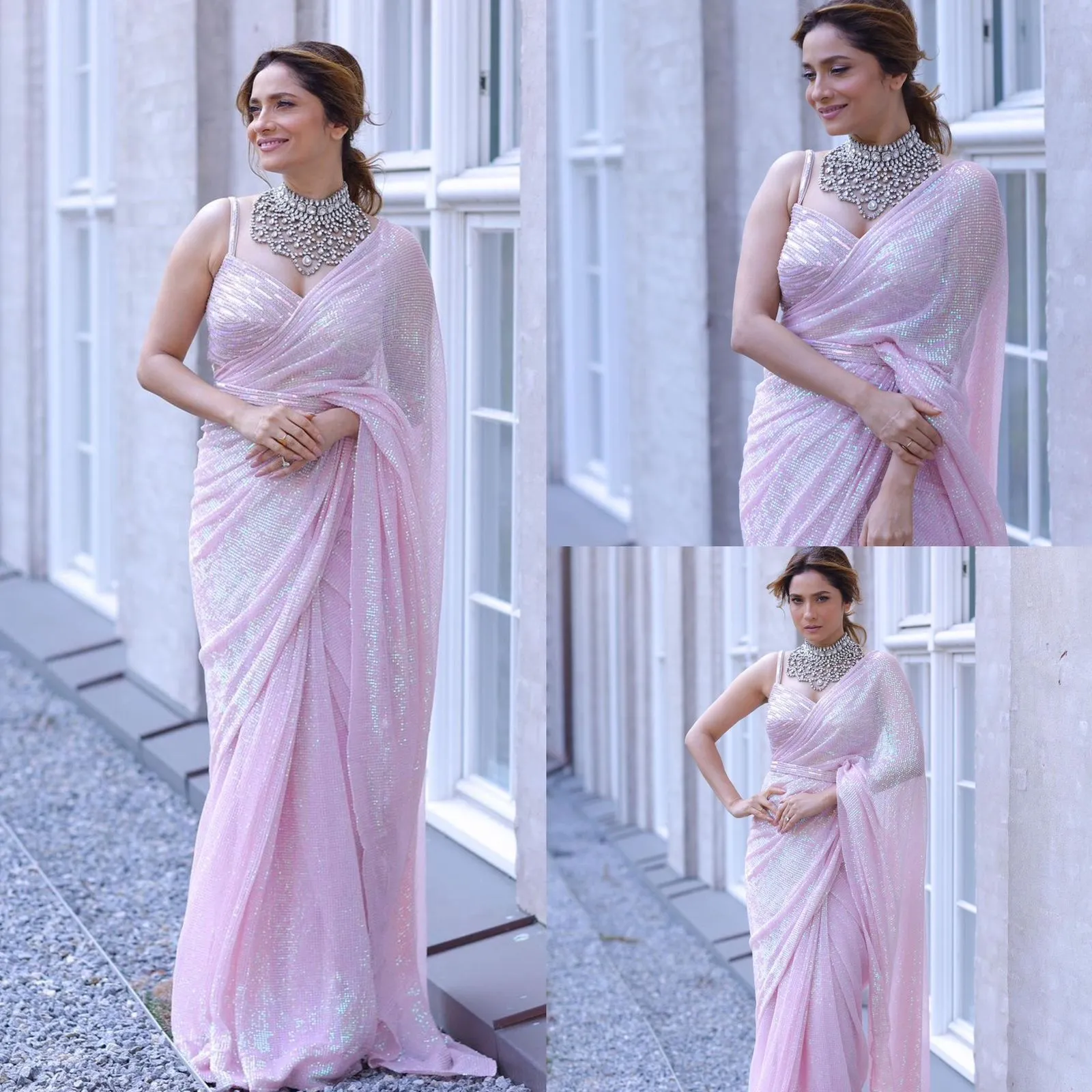 Bollywood Replica Superhit Rainbow Color Sequins Pink Georgette Saree for Women -SSS001PSS