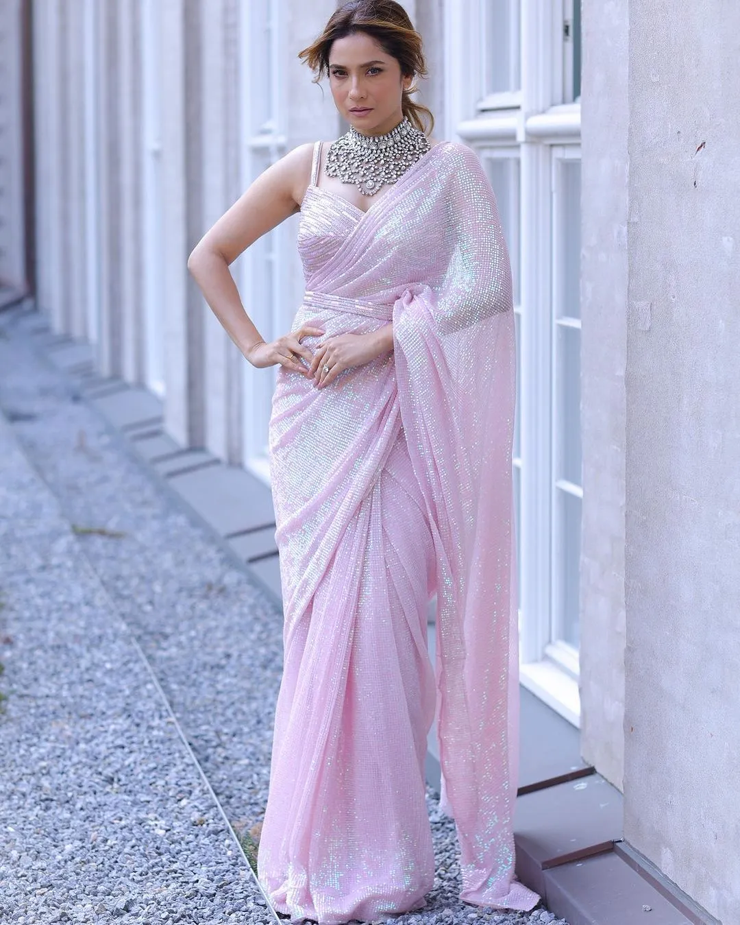 Bollywood Replica Superhit Rainbow Color Sequins Pink Georgette Saree for Women -SSS001PSS