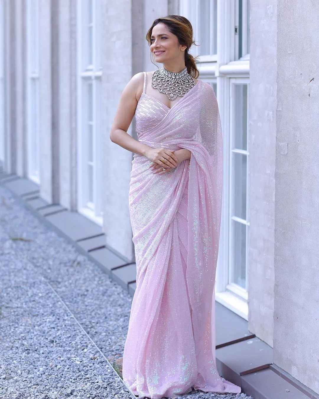 Bollywood Replica Superhit Rainbow Color Sequins Pink Georgette Saree for Women -SSS001PSS