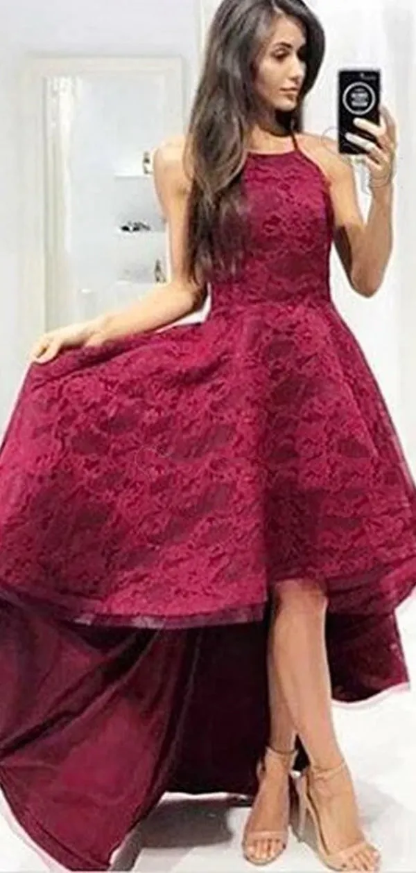 Burgundy Lace High Low Spaghetti Straps A-line Prom Dresses ,PD0130