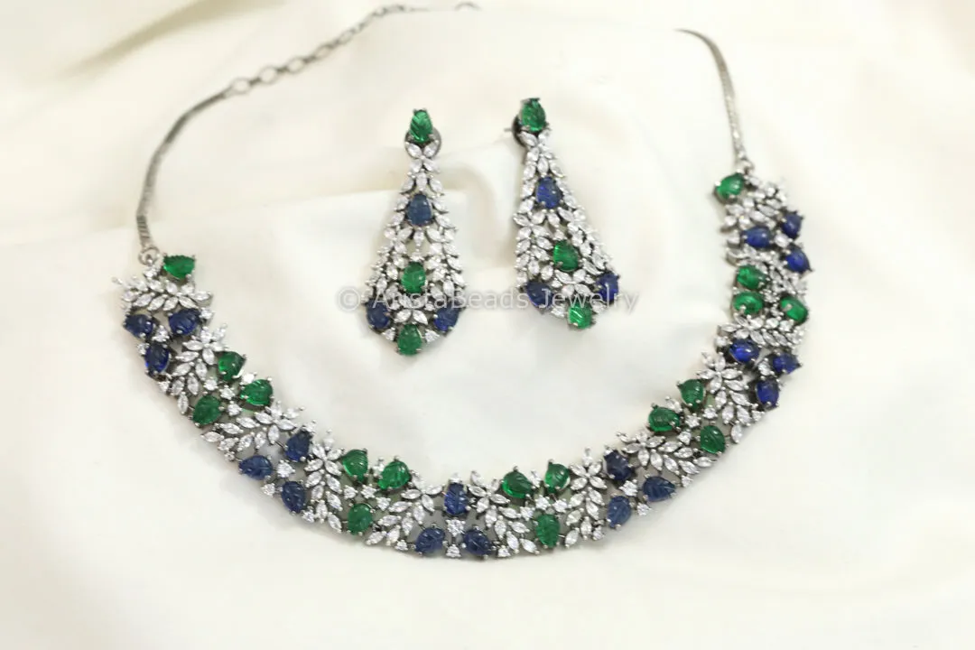 Carved Doublet & CZ Necklace Set - Green Blue