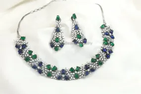 Carved Doublet & CZ Necklace Set - Green Blue