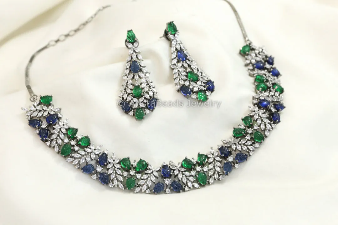 Carved Doublet & CZ Necklace Set - Green Blue