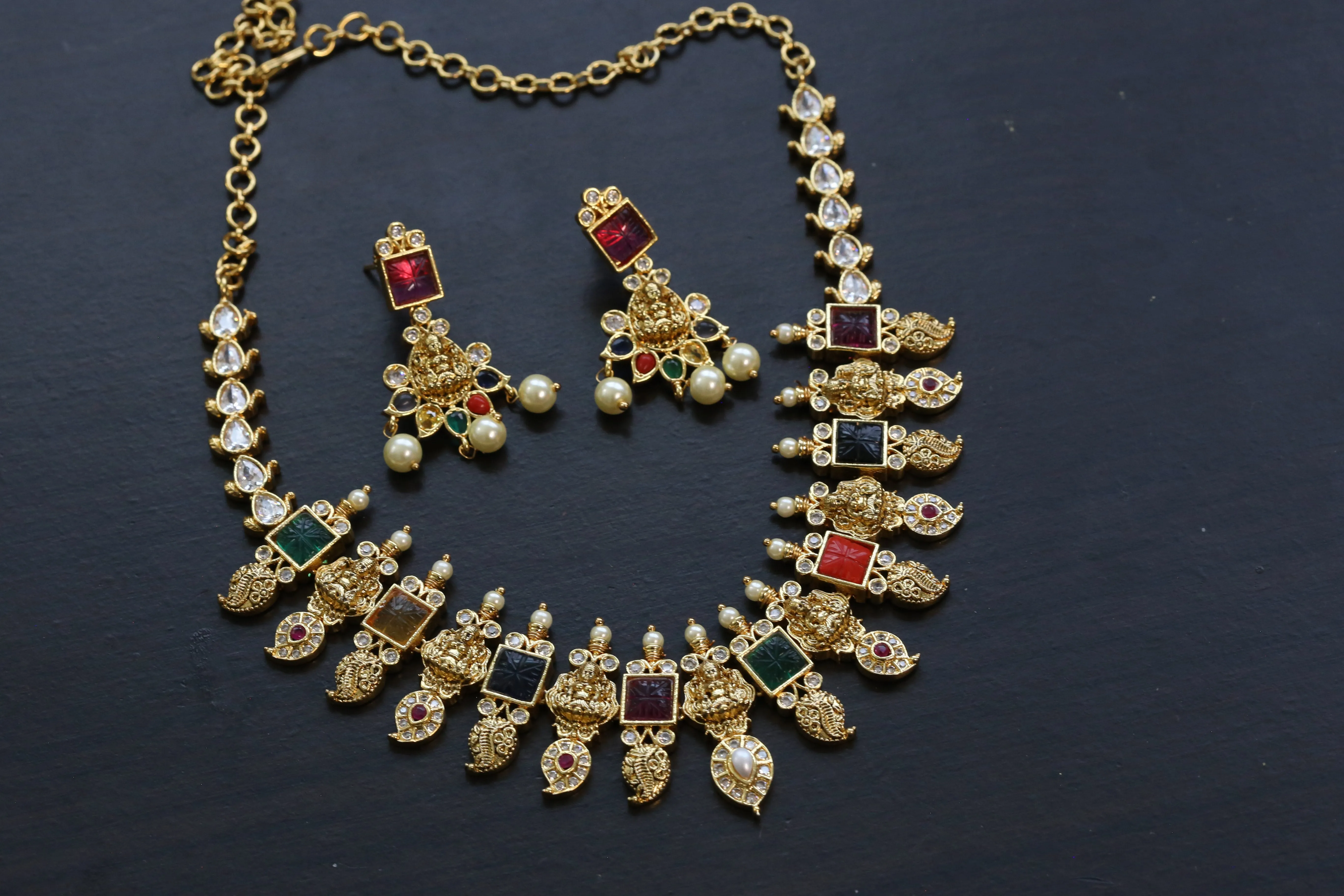 Carved Stone Navratan  Necklace Set