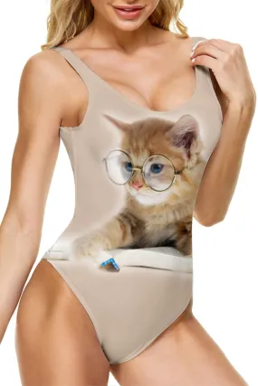 Cat With Glasses Print One Piece Swimsuit