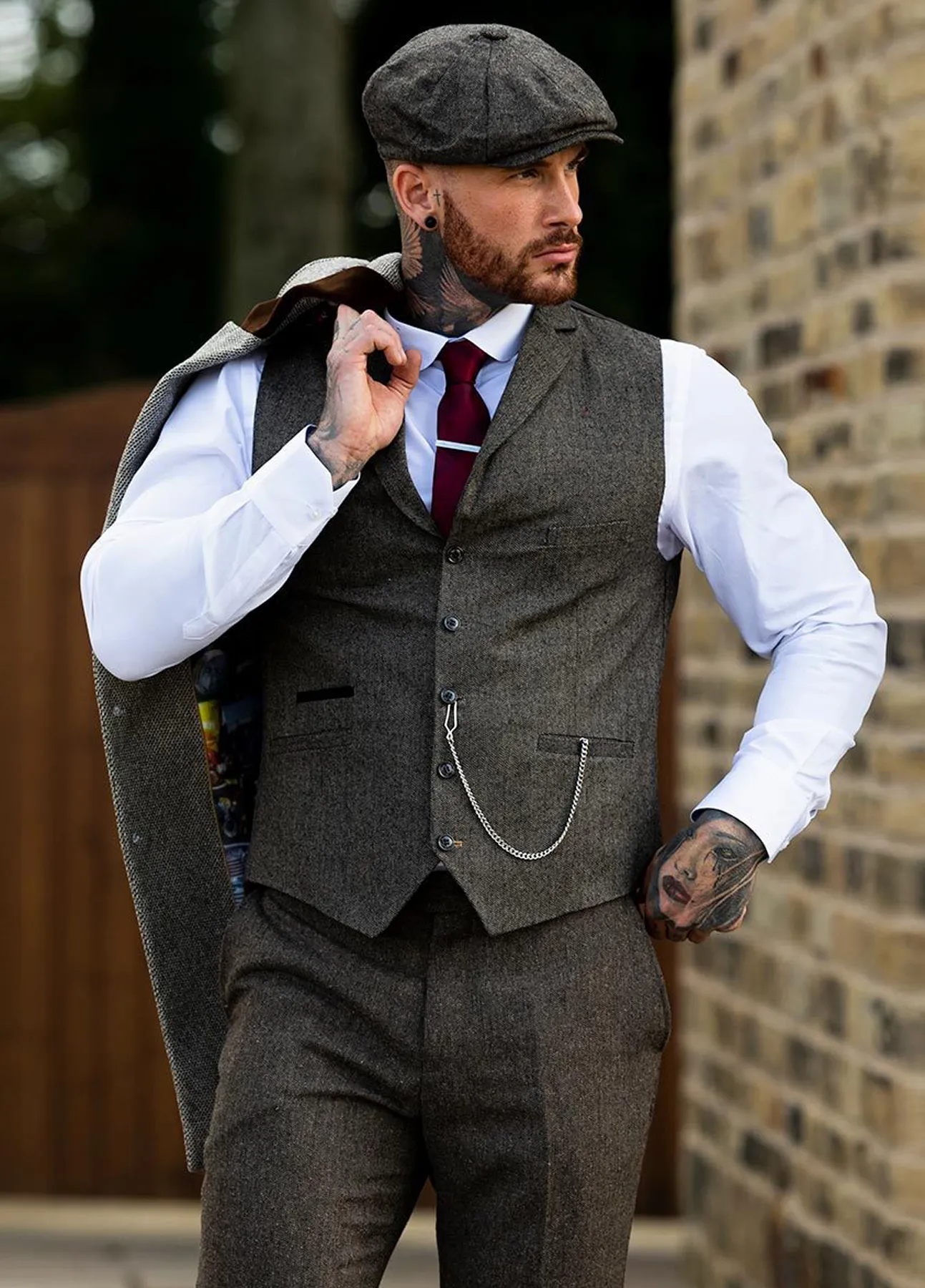 Cavani Herringbone Brown Tweed 3 Piece Slim Fit Suit