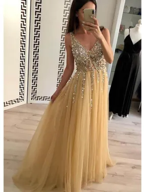 Charming A-line Tulle V-neck Floor Length Prom Evening Dresses Beads, OL650