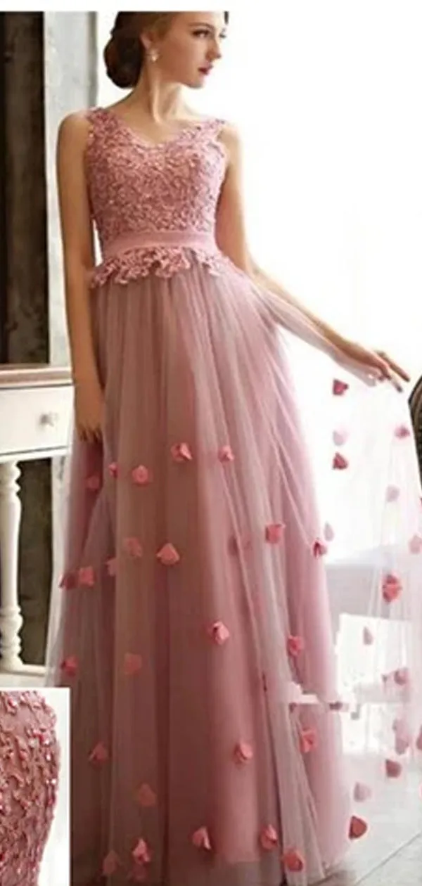 Charming Scoop Neck Tulle With Appliques Lace Up Back Prom Dresses,PD0090