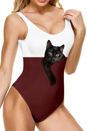 Contrast Cat Print Backless One Piece Swimsuit