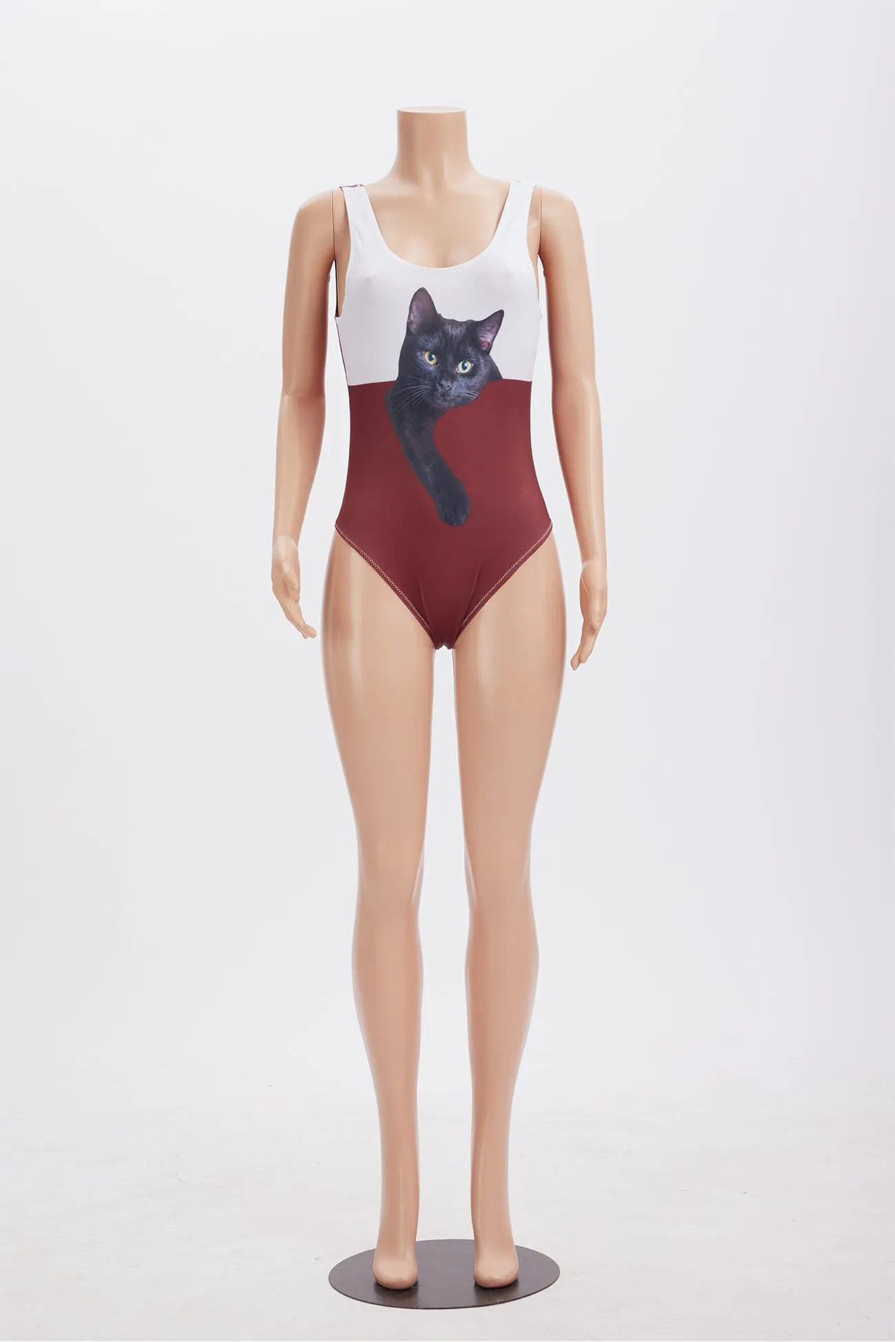 Contrast Cat Print Backless One Piece Swimsuit