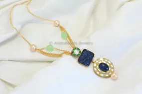 Dainty Jadau Kundan Necklace - Blue Carved Stone