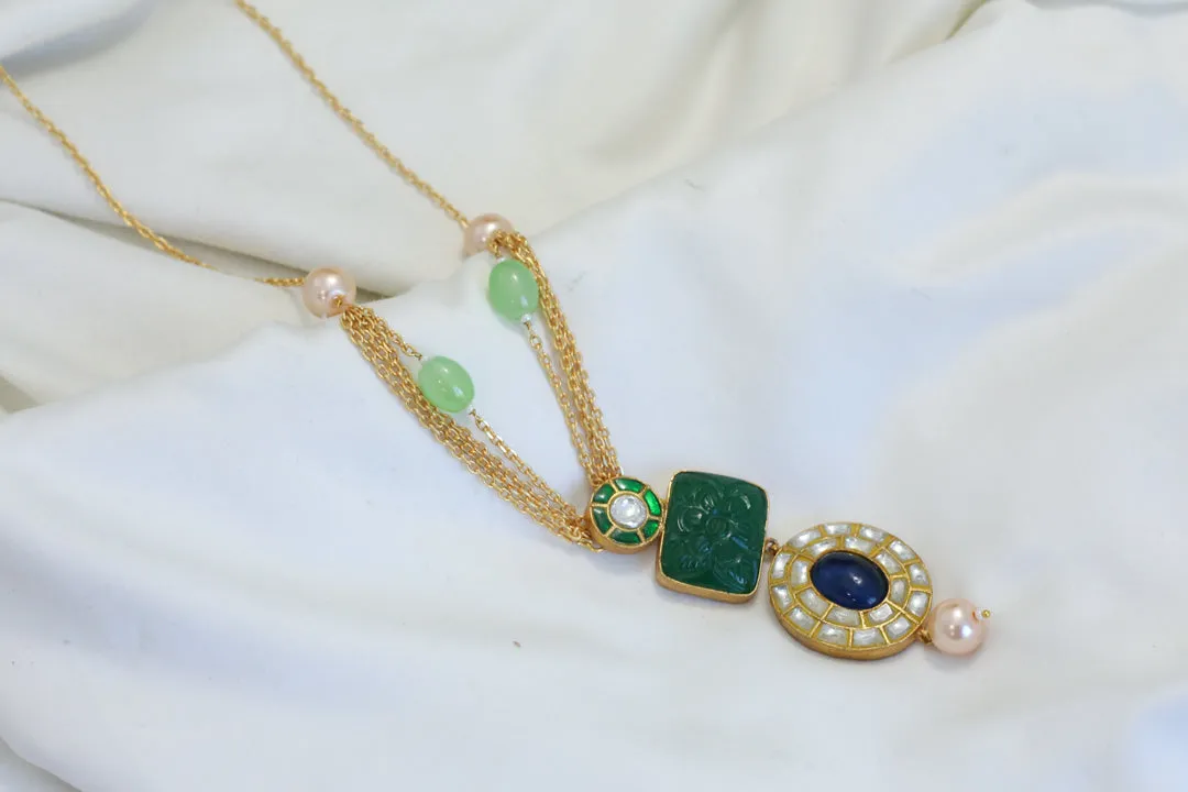 Dainty Jadau Kundan Necklace - Green Carved Stone