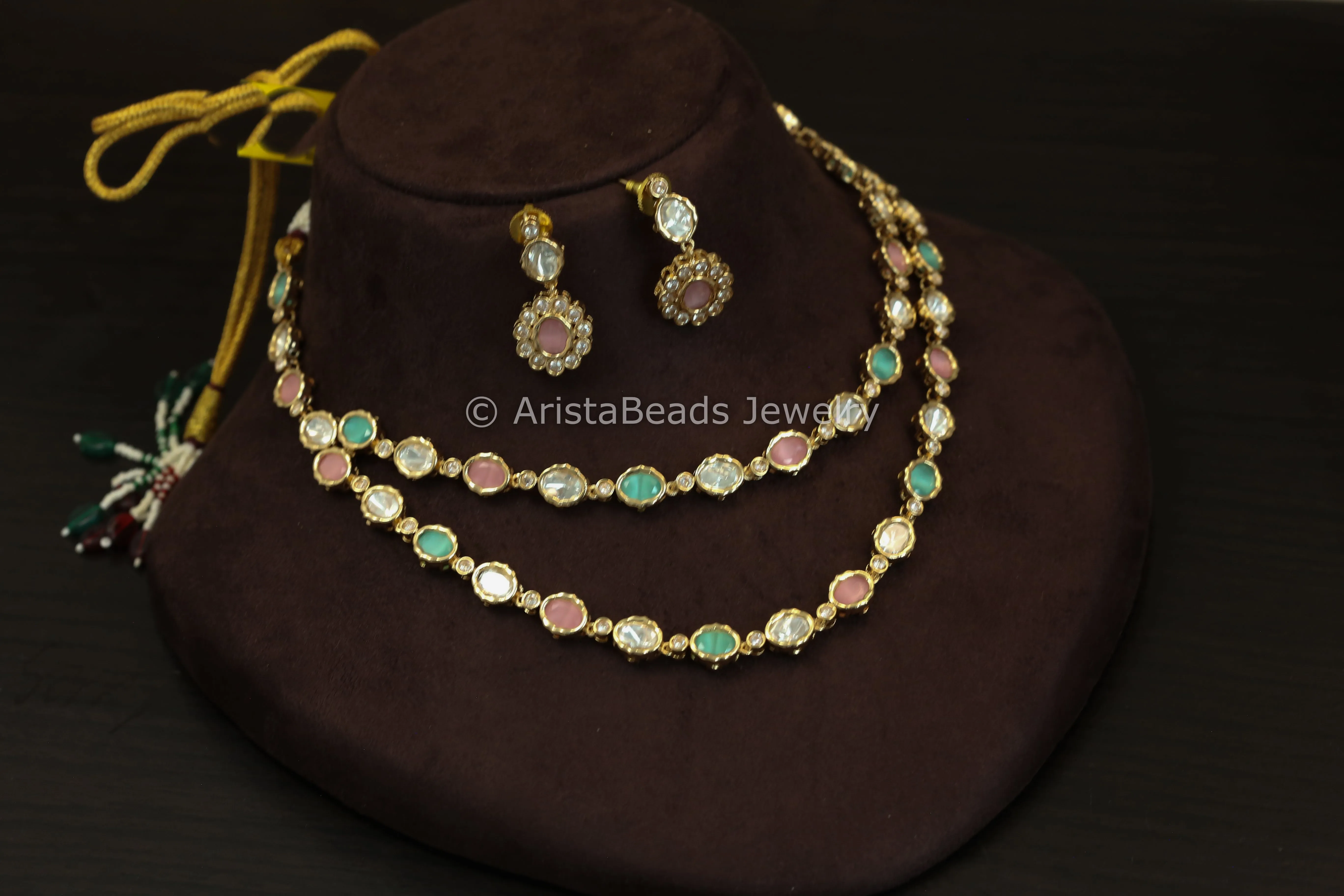 Dainty Layered Uncut Polki Necklace Set - Pastel