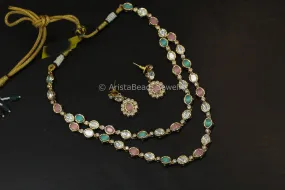 Dainty Layered Uncut Polki Necklace Set - Pastel