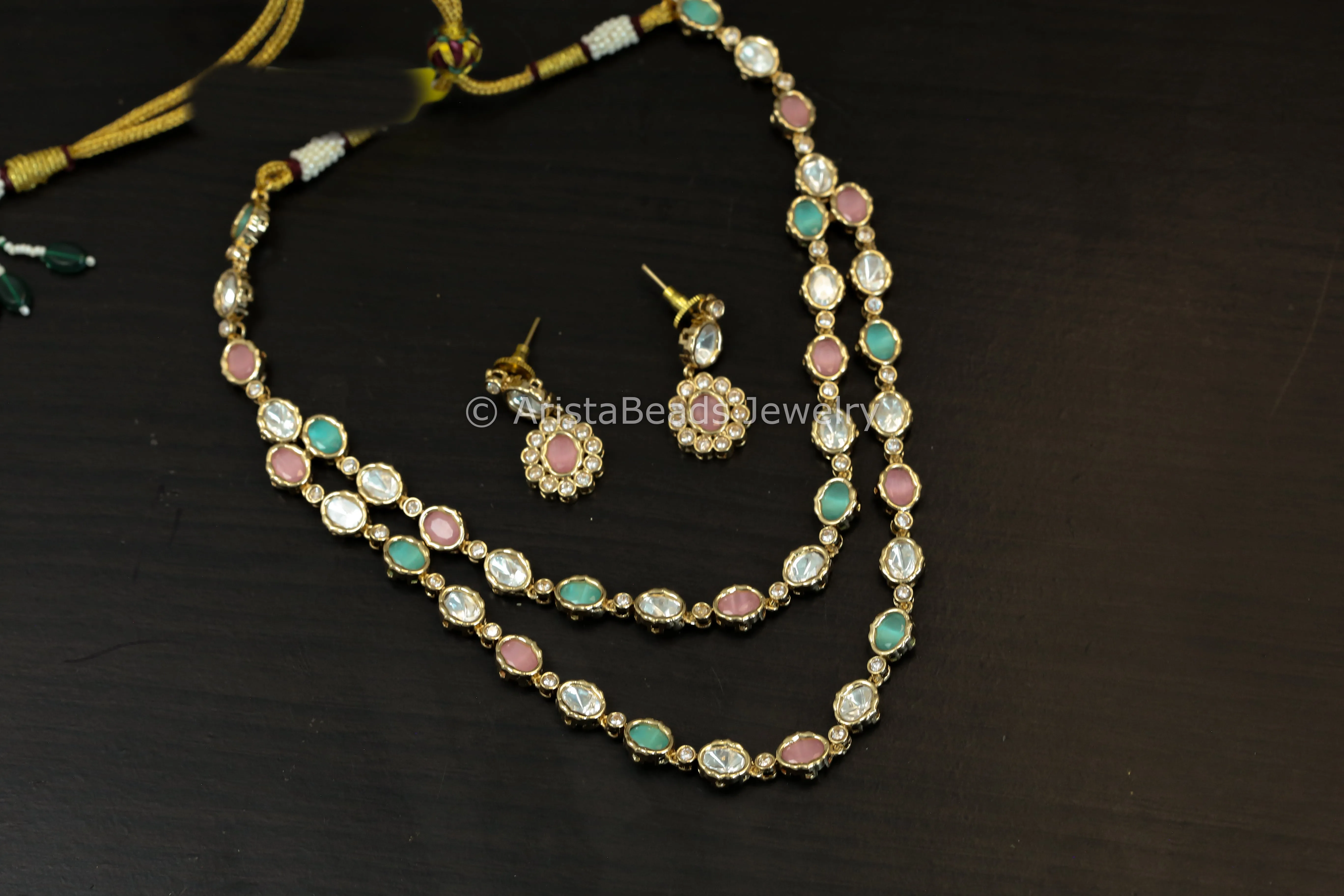 Dainty Layered Uncut Polki Necklace Set - Pastel