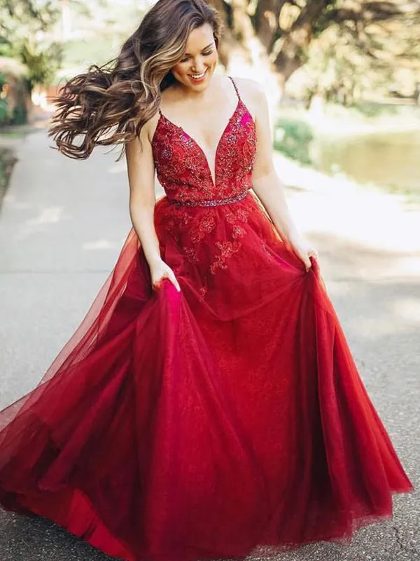 Dark Red Spaghetti Strap Applique Beading Tulle A-line Prom Dresses, DB1093