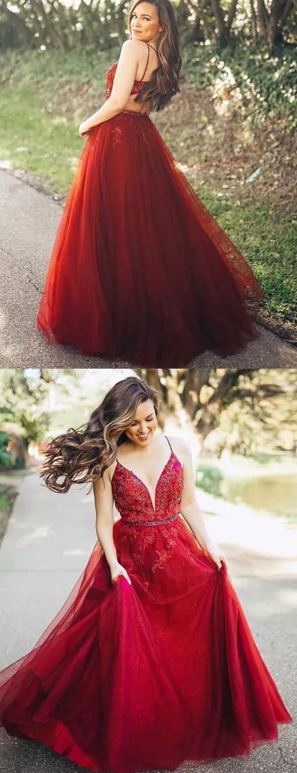 Dark Red Spaghetti Strap Applique Beading Tulle A-line Prom Dresses, DB1093