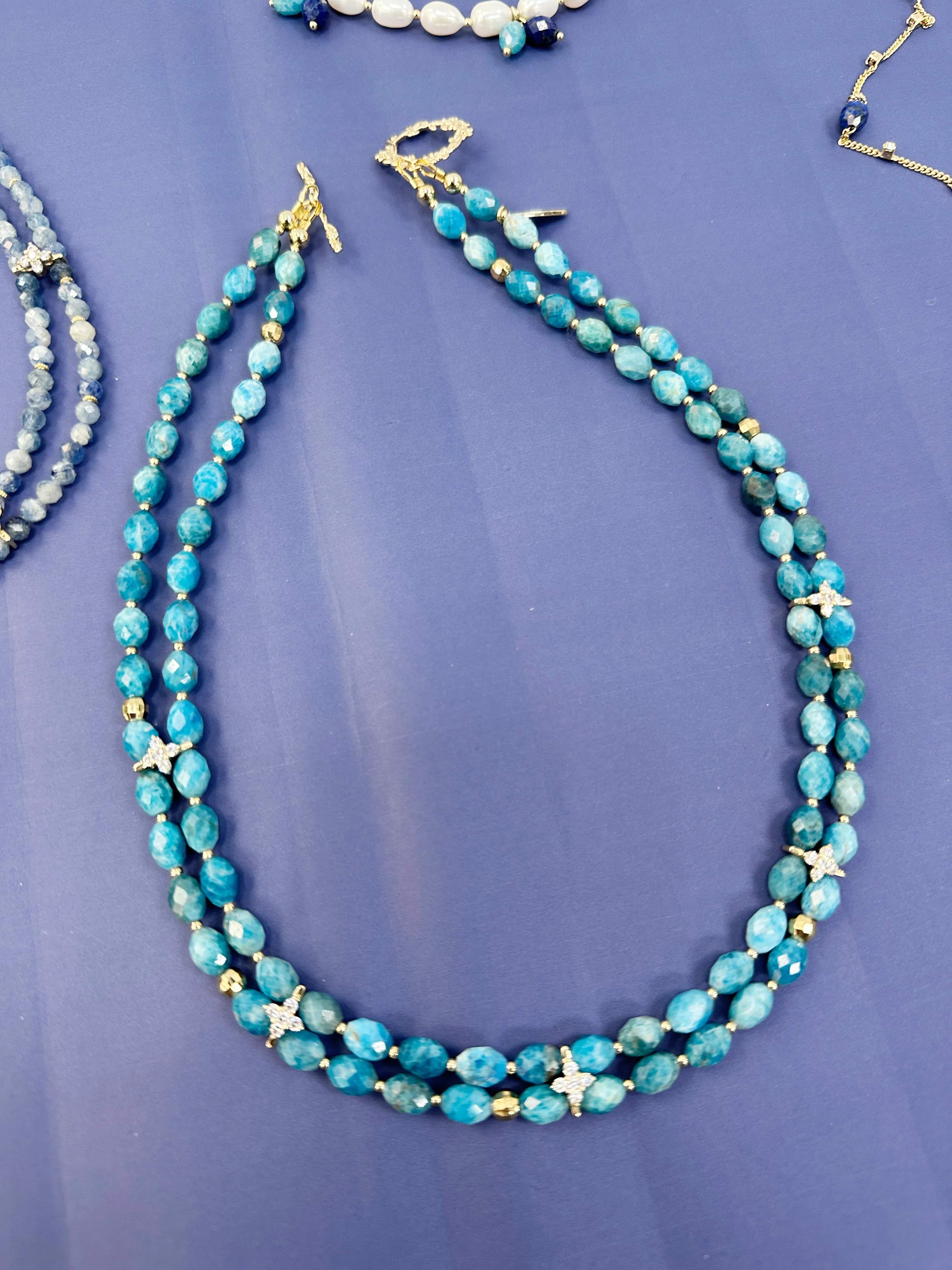 Double Layers Apatite with Zircon Stone Collar Necklace LN031