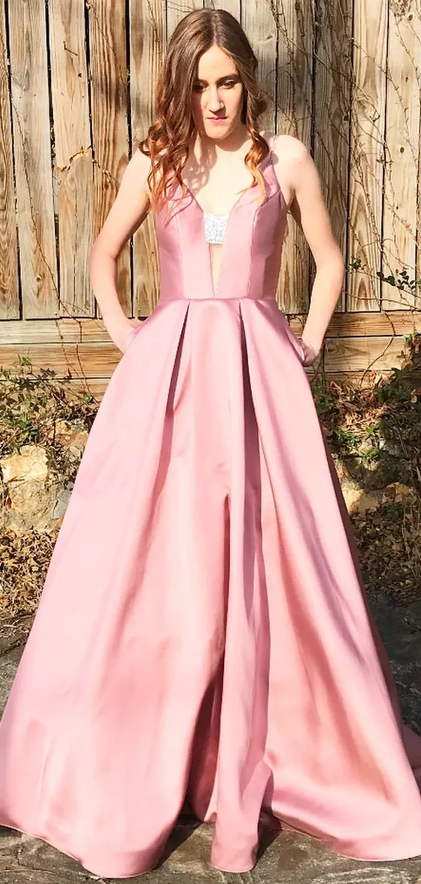 Dusty Pink Shiny Satin Bead Spaghetti Strap Rhinestone With Pockets Prom Dresses ,PD0121