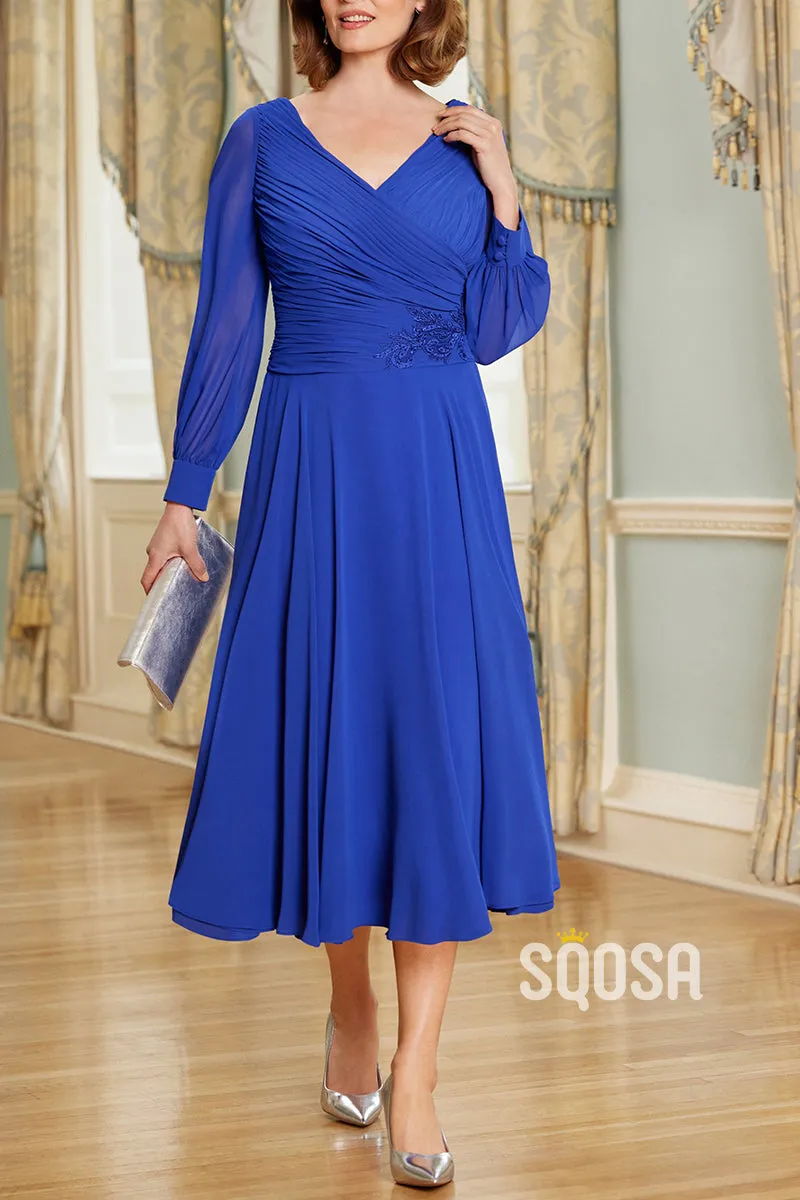 Elegant  A-Line V-Neck Long Sleeve Appliques Mother of the Bride Dress QM3326