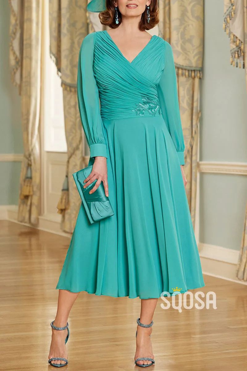 Elegant  A-Line V-Neck Long Sleeve Appliques Mother of the Bride Dress QM3326