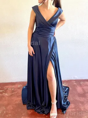 Elegant A-line V-neck Side Slit Satin Long Dark Navy Evening Prom Dress Online, OL083