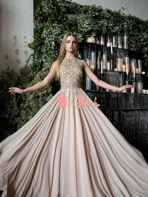 Elegant Gold Beaded Appliques Chiffon Sleeveless Jewel Neck A-line Long Prom Gown Dresses. DB1059