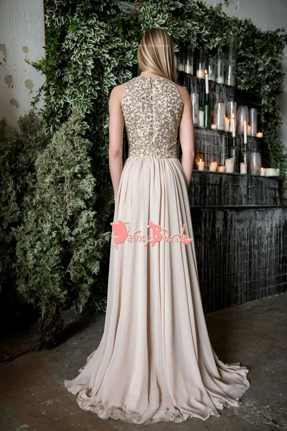 Elegant Gold Beaded Appliques Chiffon Sleeveless Jewel Neck A-line Long Prom Gown Dresses. DB1059