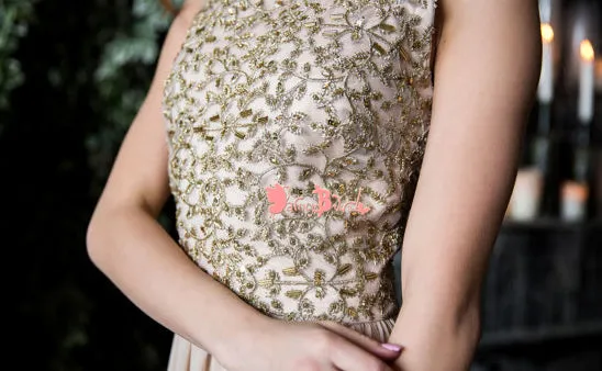 Elegant Gold Beaded Appliques Chiffon Sleeveless Jewel Neck A-line Long Prom Gown Dresses. DB1059