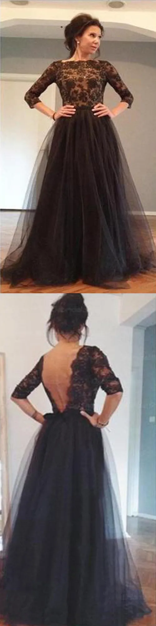 Elegant Half Sleeve Black Lace Top Tulle Skirt Sexy Backless Ball Gown Evening Party Prom Dress, PD0015