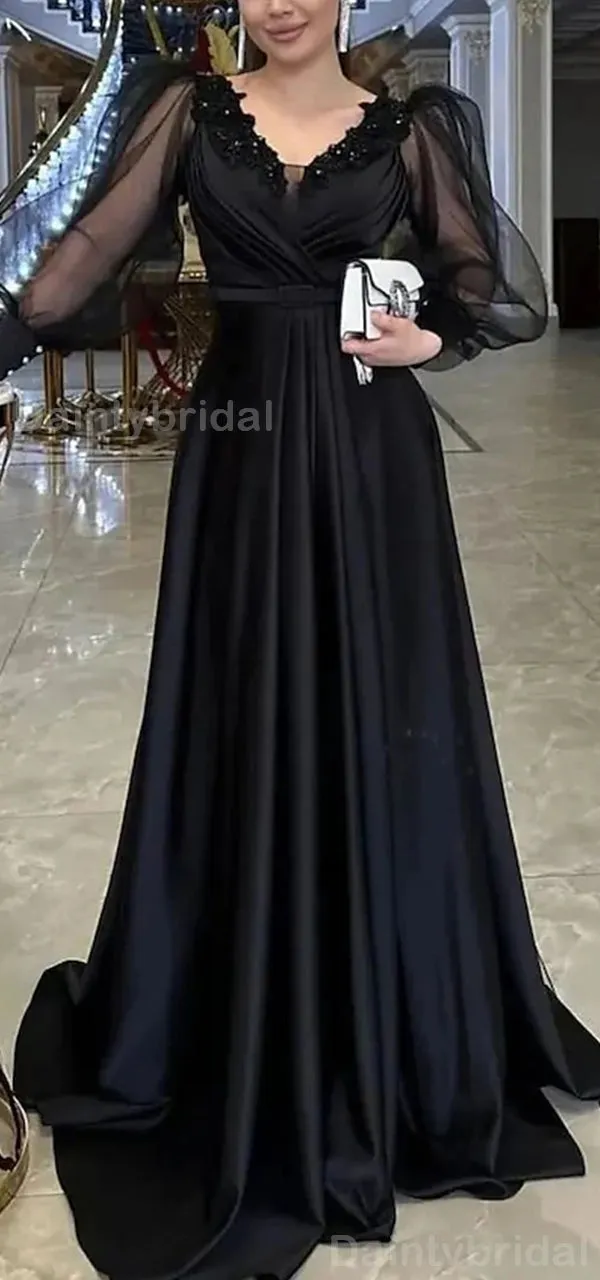 Elegant Long Sleeves A-line V-neck Satin Black Long Evening Prom Dress Online, OL092