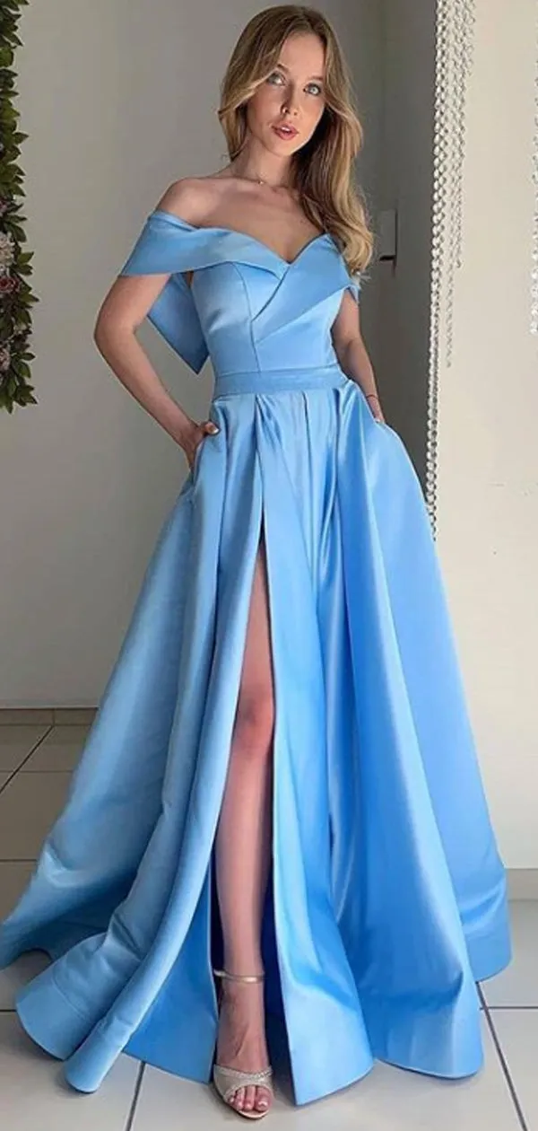 Elegant Off-shoulder Backless A-line Side Slit Evening Party Prom Dresses,PD0139