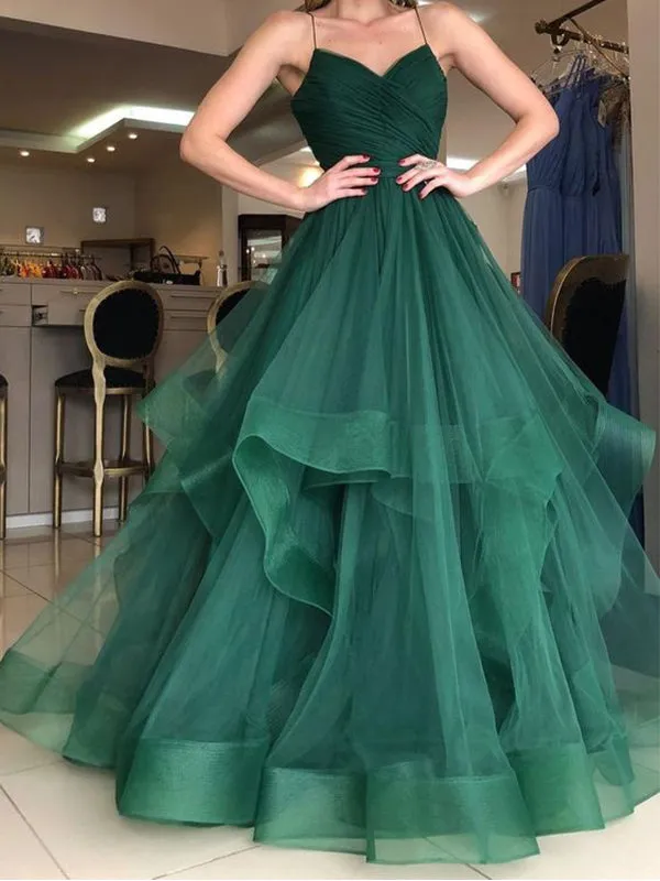 Elegant Spaghetti Straps A-line Tulle Green Long Prom Dresses Online, OL978