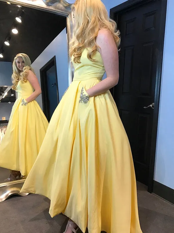 Elegant Yellow Satin High Low Sleeveless Simple Ball Gown Long Prom Dresses,PD0052