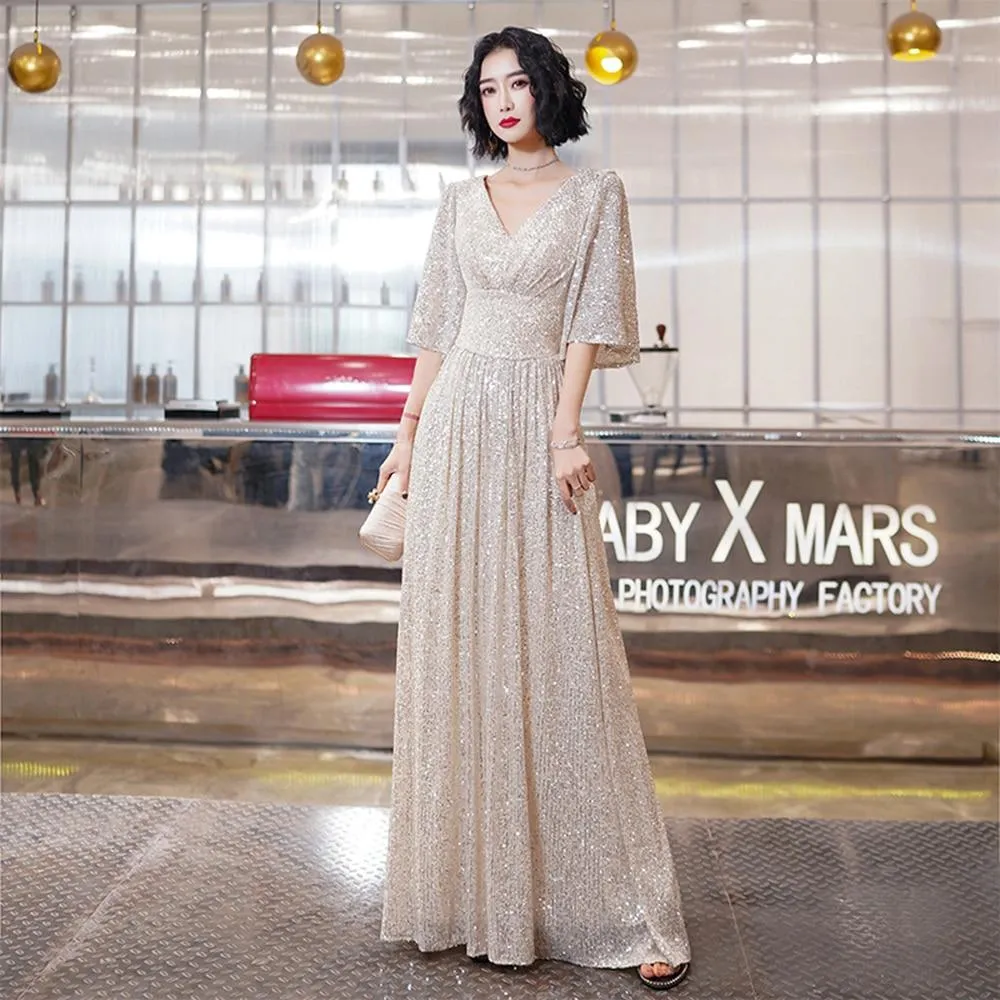 Evening Dress Long Pagoda Sleeve Sequin Formal Dress A-line V-neck Party Prom Dress High-Waist Elegant Robe De Soriee Champagne