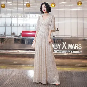 Evening Dress Long Pagoda Sleeve Sequin Formal Dress A-line V-neck Party Prom Dress High-Waist Elegant Robe De Soriee Champagne