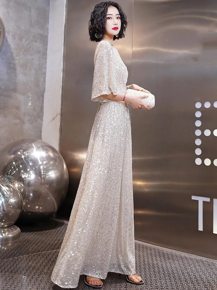 Evening Dress Long Pagoda Sleeve Sequin Formal Dress A-line V-neck Party Prom Dress High-Waist Elegant Robe De Soriee Champagne