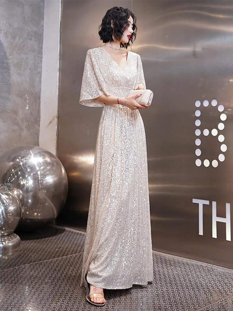 Evening Dress Long Pagoda Sleeve Sequin Formal Dress A-line V-neck Party Prom Dress High-Waist Elegant Robe De Soriee Champagne