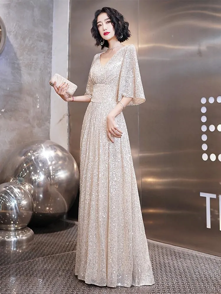 Evening Dress Long Pagoda Sleeve Sequin Formal Dress A-line V-neck Party Prom Dress High-Waist Elegant Robe De Soriee Champagne